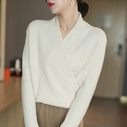 Damen Wickelpullover V-Ausschnitt Wollig Beige
