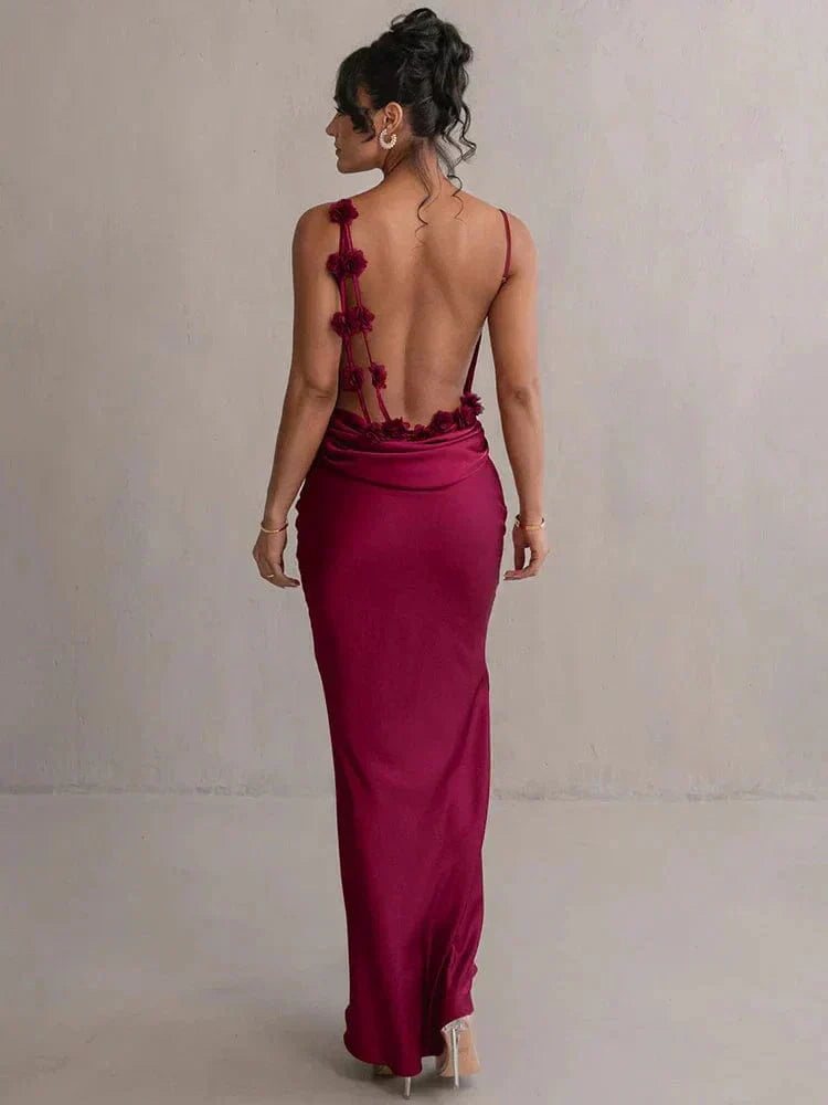 Elegantes Damen Maxikleid Satin Blumenapplikationen