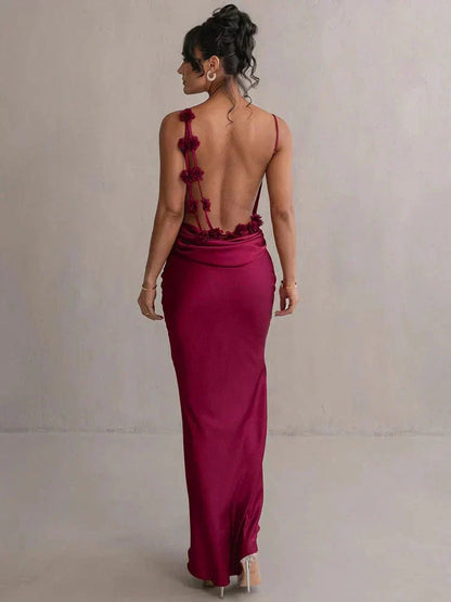 Elegantes Damen Maxikleid Satin Blumenapplikationen