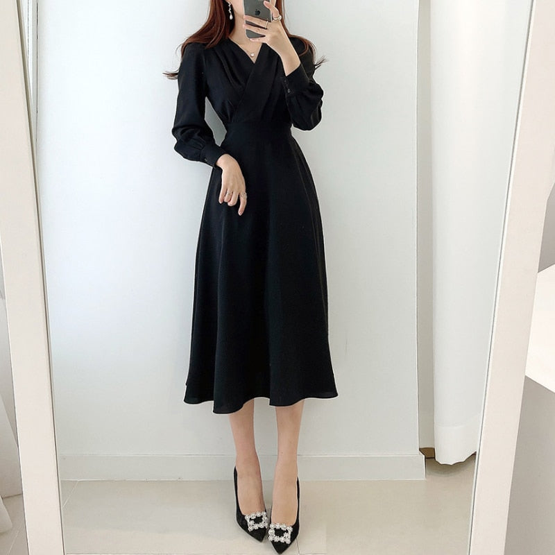 Elegantes Damenkleid mit Puffärmeln V-Ausschnitt A-Linie