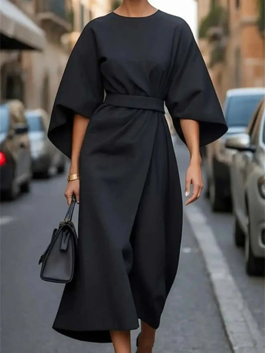 Elvéra Damen Midi Kleid A-Linie Gürtel Trompetenärmel Eleganz - Norvielle