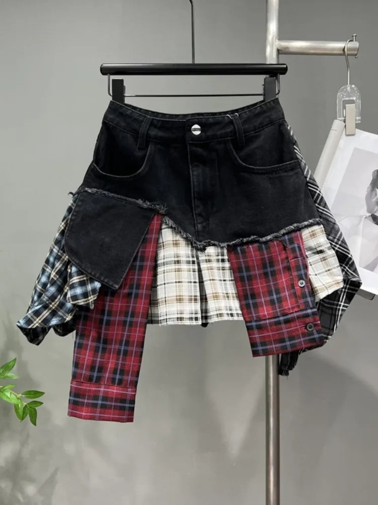 Damen Denim Mini-Rock Patchwork Kariert Hochtaille Dunkelblau