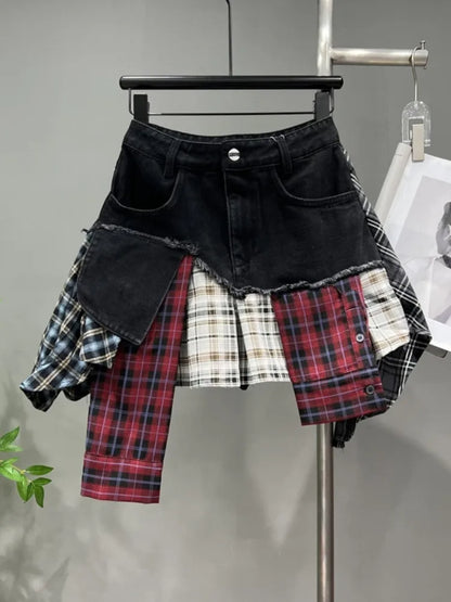 Damen Denim Mini-Rock Patchwork Kariert Hochtaille Dunkelblau