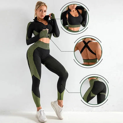 Norvica Damen Sportset 3-teilig Nahtlos High Waist Formend