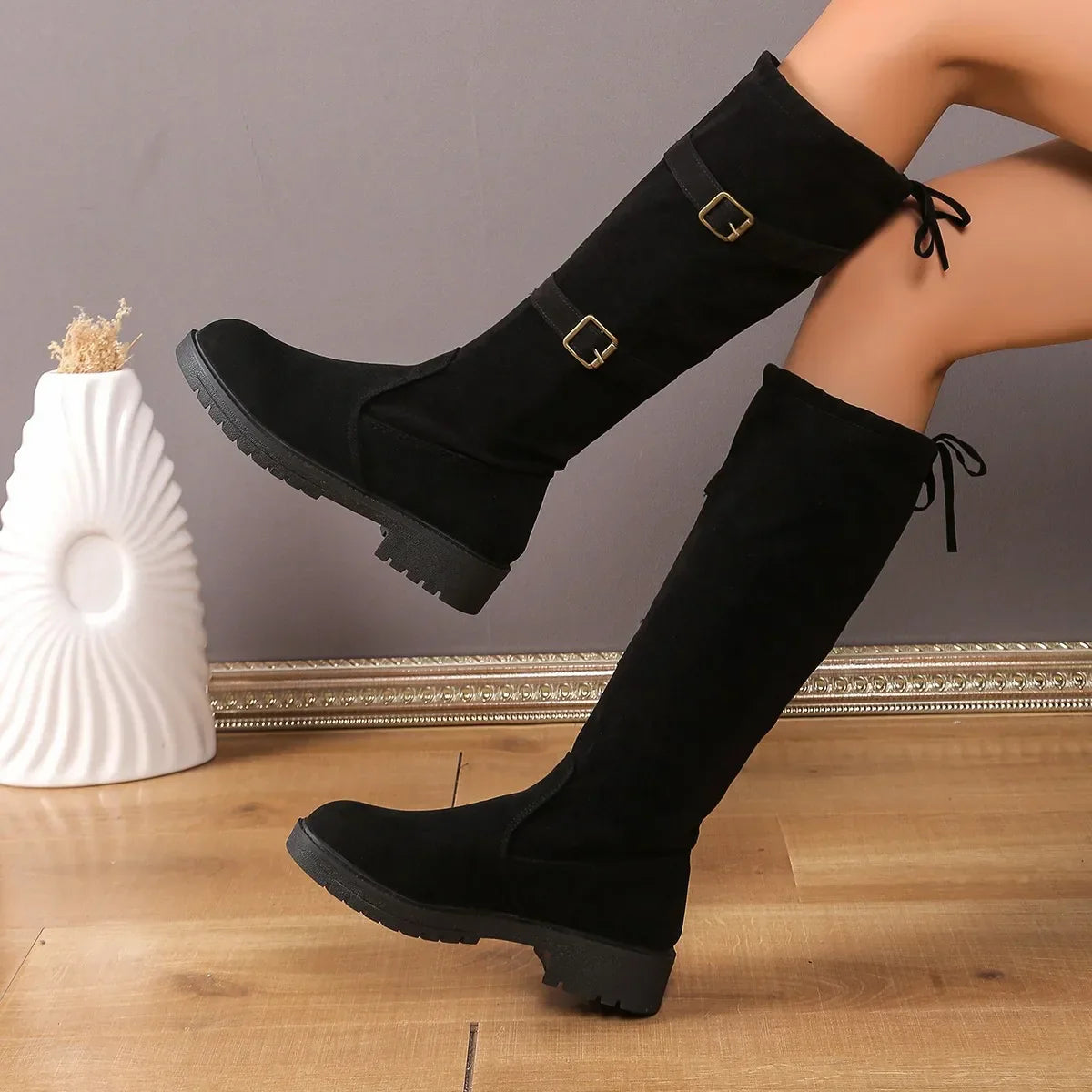 Damen Knee High Stiefel Niedriger Absatz Klassisch