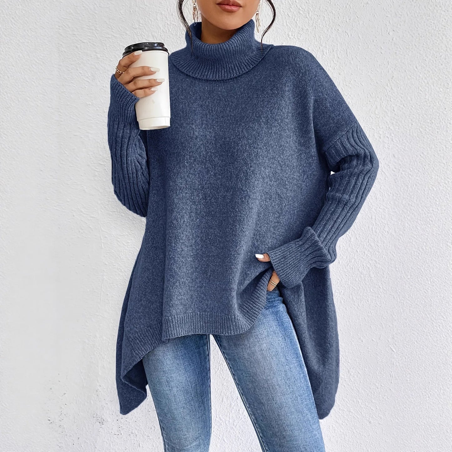 Damen Oversized Winterpullover Hochkragen Gemütlich - Norvielle