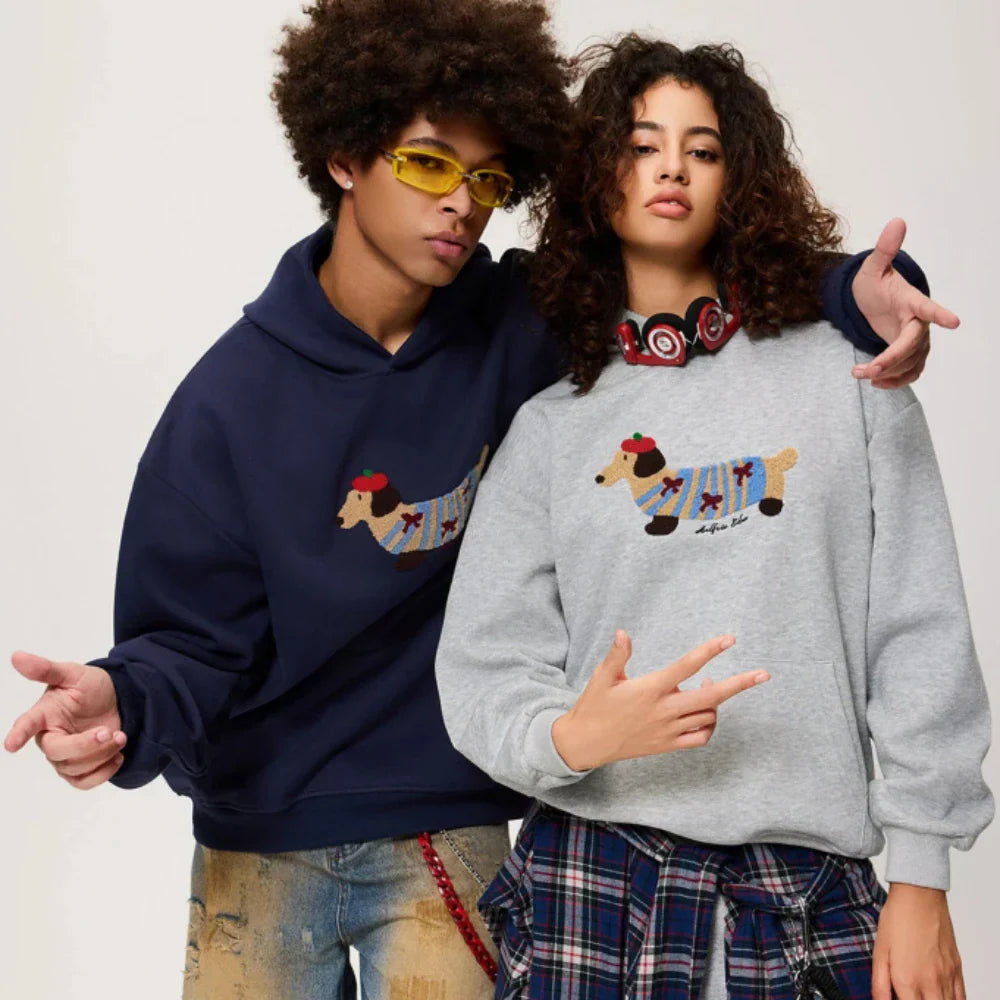 Damen Oversize Kapuzenpullover Hunde-Print Hellgrau