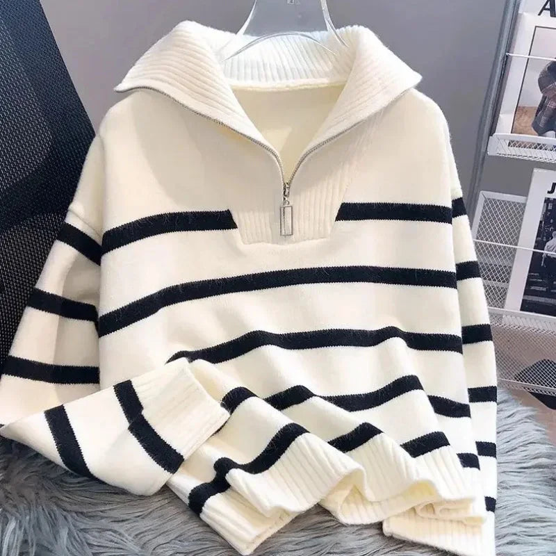 Norvielle Damen Pullover Mit Reißverschluss Weiß Gestreift