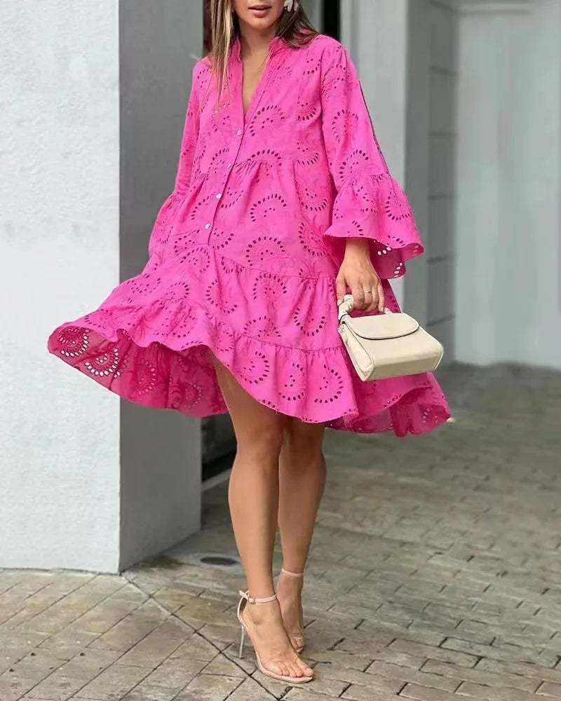 Damen Spitzenkleid Boho-Stil Knopfleiste Weite Ärmel