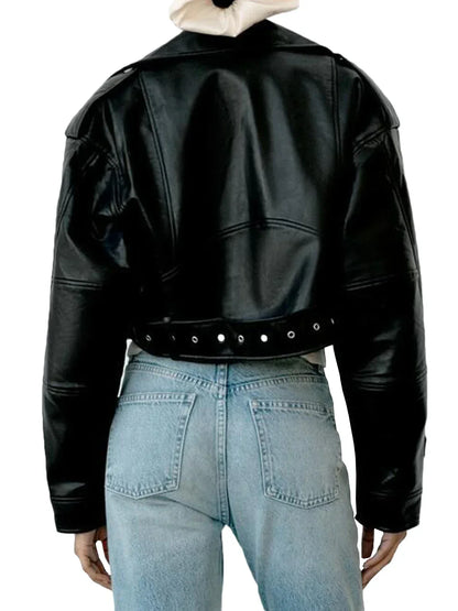 Damen Bikerjacke Cropped Asymmetrischer Reißverschluss Leder