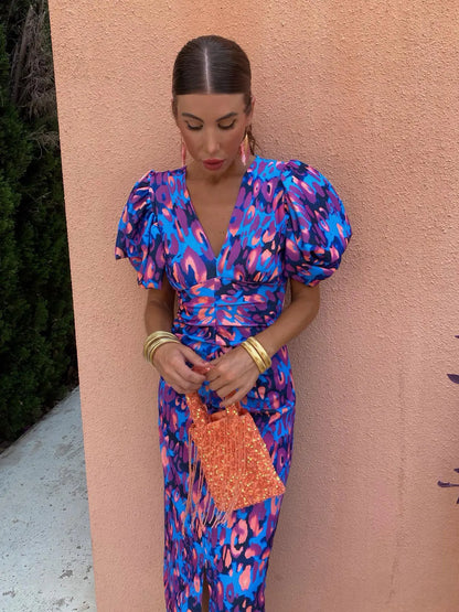 Damen Sommerkleid Bedruckt Midi Puffärmel