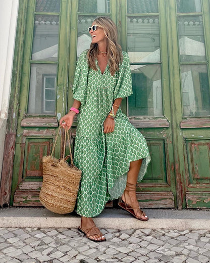 Damen Maxikleid Puffärmel Bequem Sommer