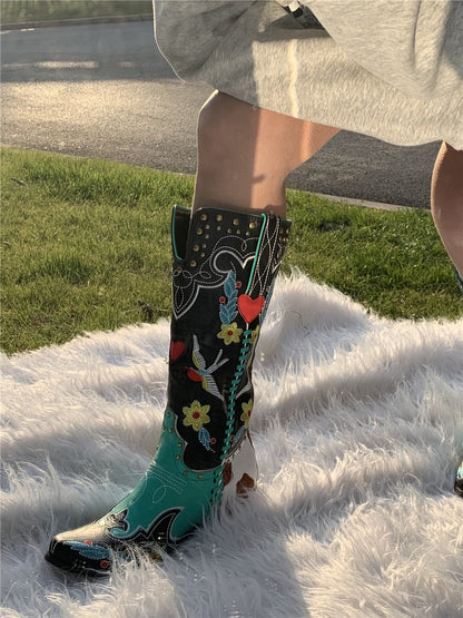 Damen Cowboy-Stiefel Bestickt Bunte Blumen Blockabsatz Western-Look