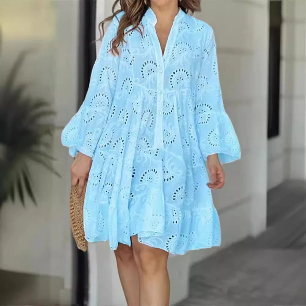 Damen Spitzenkleid Boho-Stil Knopfleiste Weite Ärmel - Norvielle