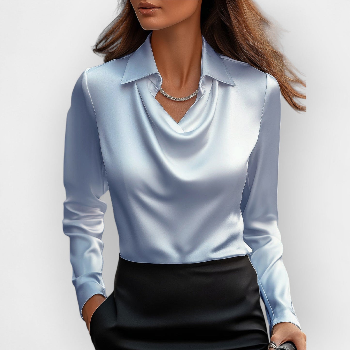Damen Satinbluse Langarm Wasserfallkragen Eleganz Schwarz - Norvielle