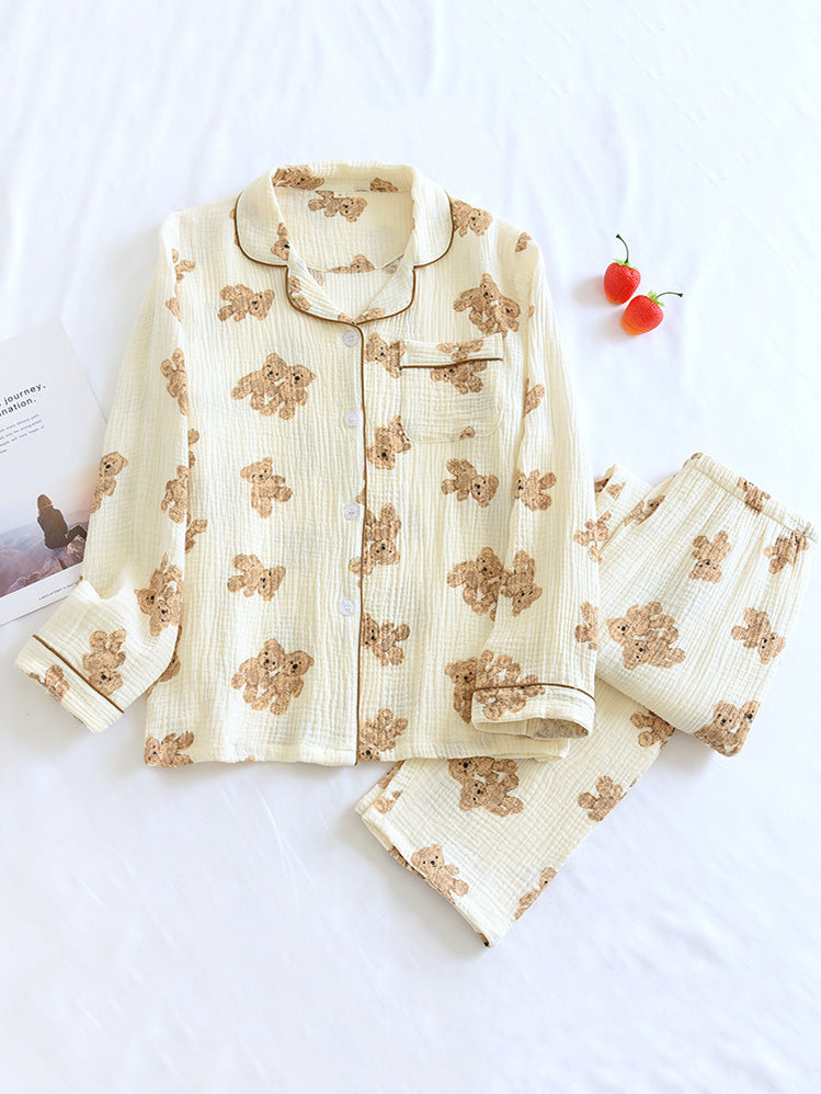 Damen Pyjama-Set Knopfleiste Teddybär-Motiv - Norvielle