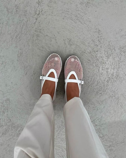 Damen Mesh Mary-Janes Luftige Ballerinas Riemchen