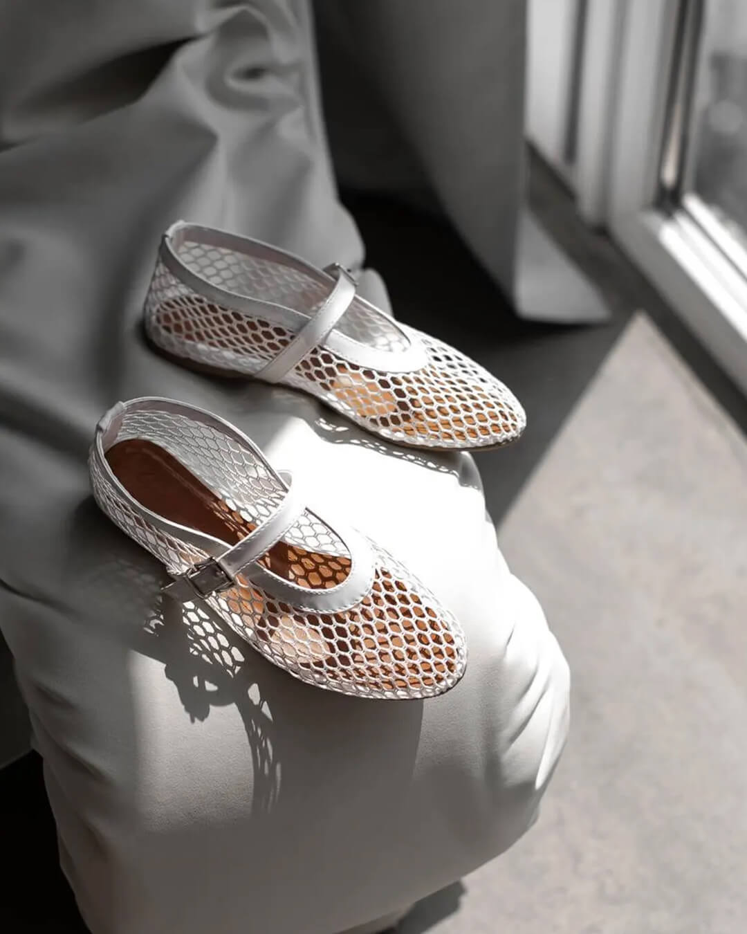 Damen Mesh Mary-Janes Luftige Ballerinas Riemchen