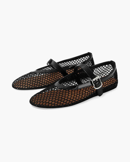 Damen Mesh Mary-Janes Luftige Ballerinas Riemchen