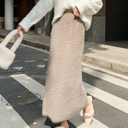 Damen Maxirock Khaki Plüsch mit Hoher Taille Weich