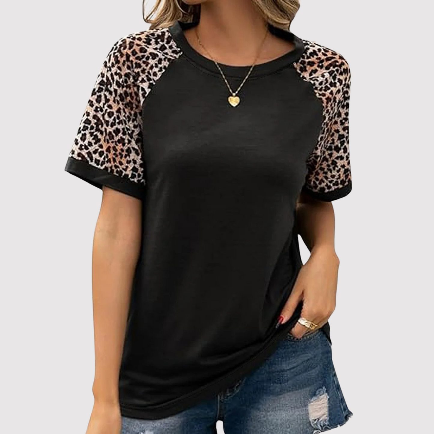 Damen T-Shirt Leoparden-Print Rundhals Baumwolle