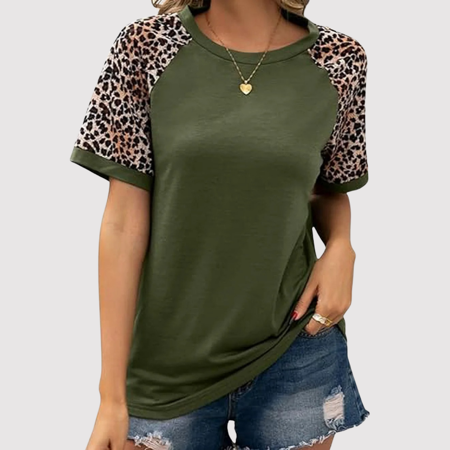 Damen T-Shirt Leoparden-Print Rundhals Baumwolle