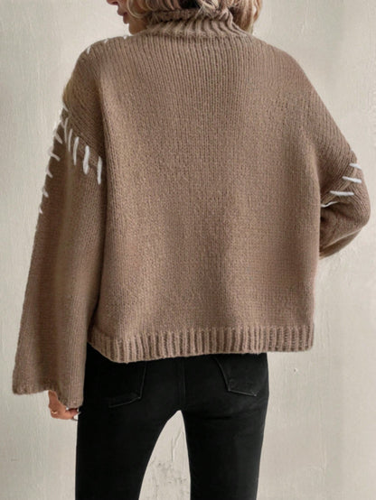 Norvielle Damen Strickpullover Patchwork Rollkragen - Norvielle