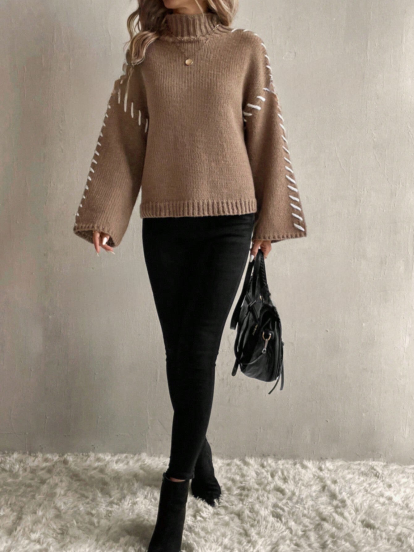 Norvielle Damen Strickpullover Patchwork Rollkragen