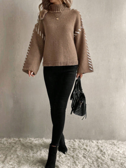 Norvielle Damen Strickpullover Patchwork Rollkragen