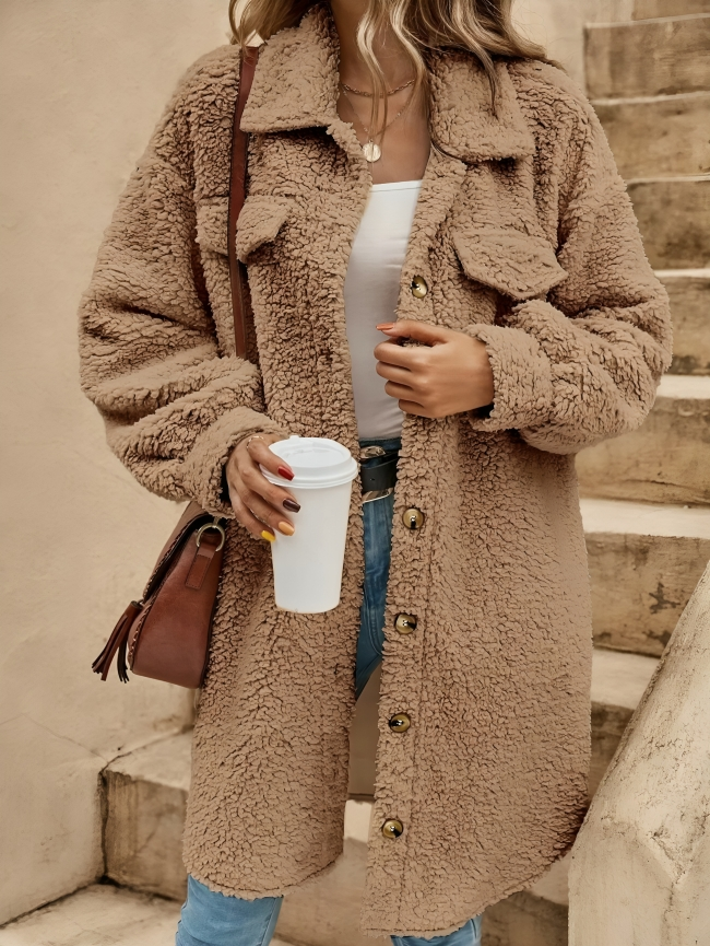 Damen Teddy Mantel mit Knöpfen und Taschen Braun - Norvielle