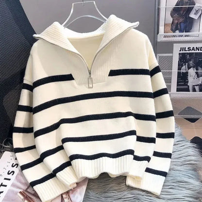 Norvielle Damen Pullover Mit Reißverschluss Weiß Gestreift - Norvielle