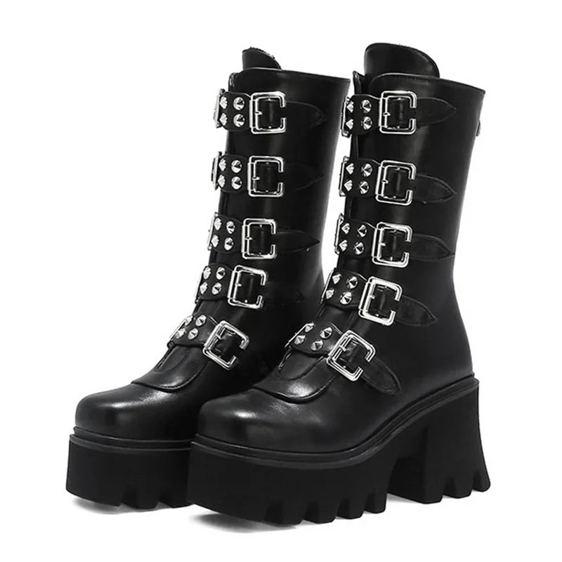 Damen Hochstiefel Schwarz Chunky Absatz - Norvielle