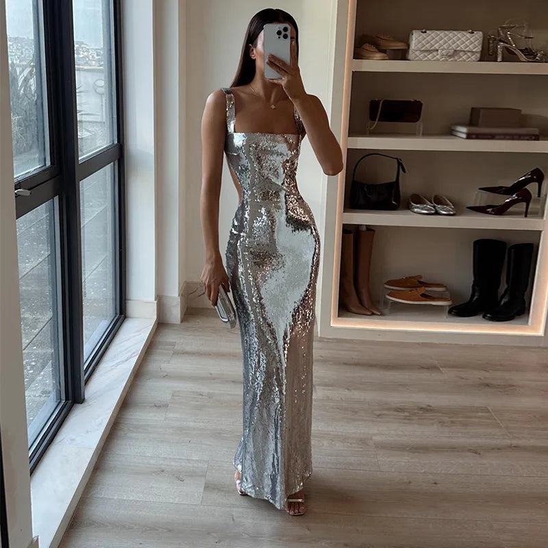 Damen Maxikleid Glitzernd Spaghettiträger - Norvielle