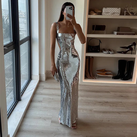 Emilia Damen Maxikleid Glänzend Spaghetti-Träger - Norvielle