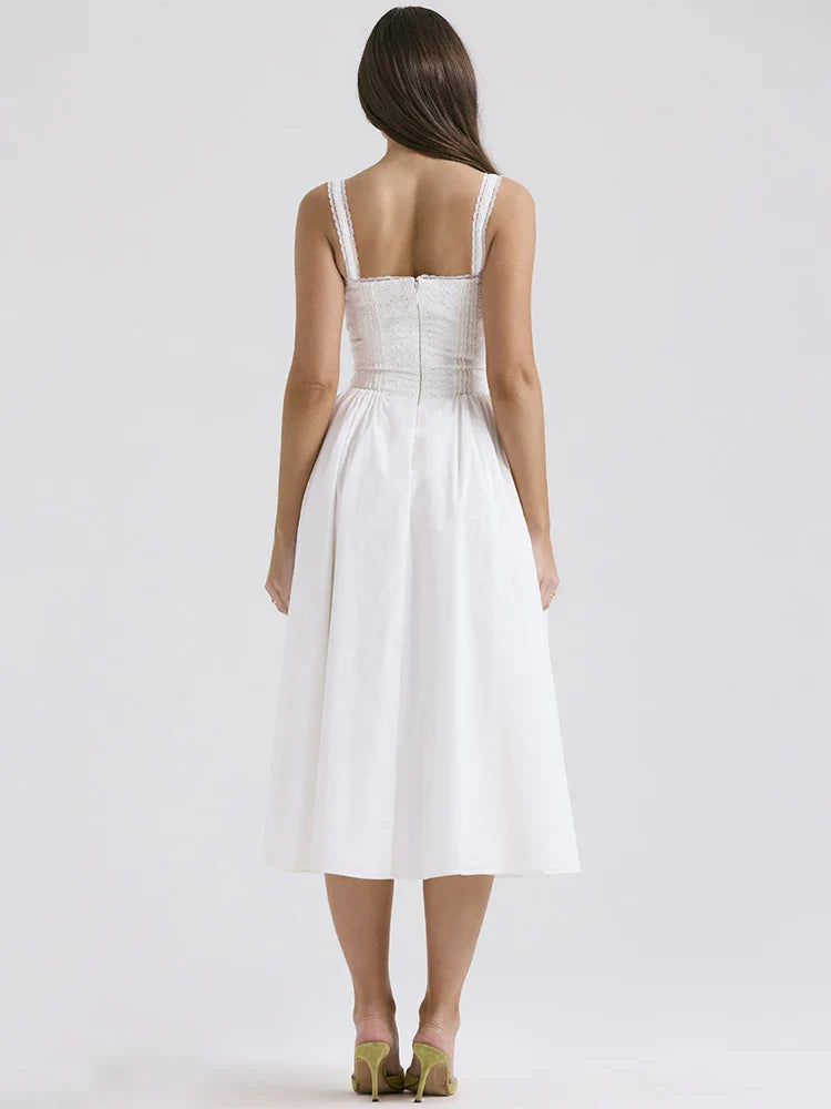 Damen Leinen Sommerkleid Luftig Romantisch Weiß