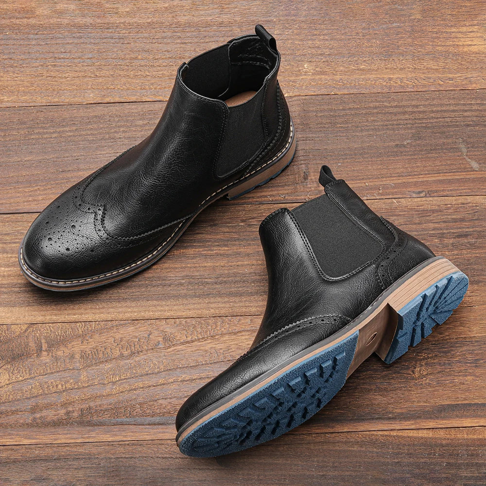 Overton Herren Chelsea Stiefel Brogue Leder Schwarz - Norvielle