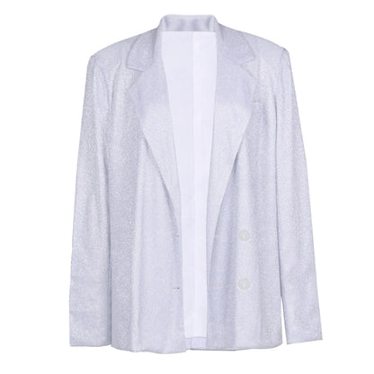 Damen Glitzer-Set Blazer Hose Bralette Dreiteilig Silber