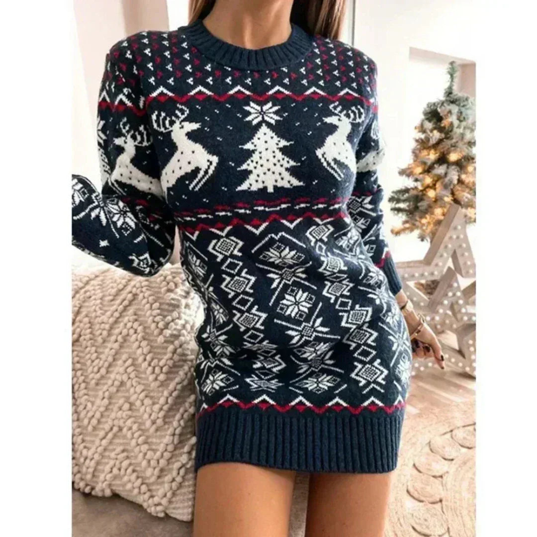 Damen Weihnachtskleid Strick Warm Festlich Rot