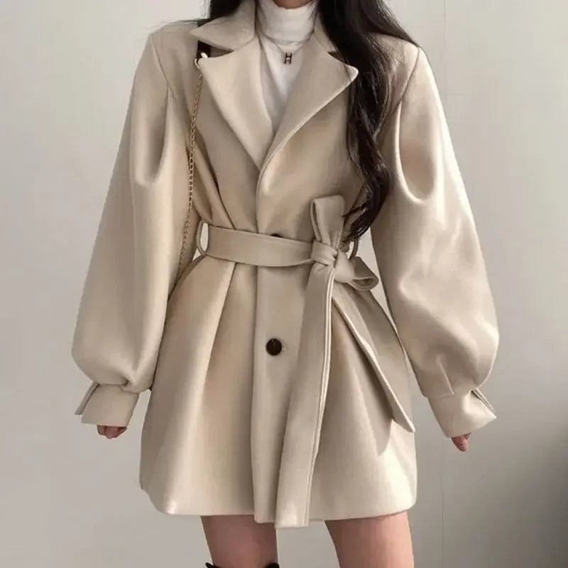 Damen Trenchcoat Puffärmel Bindegürtel Schwarz - Norvielle