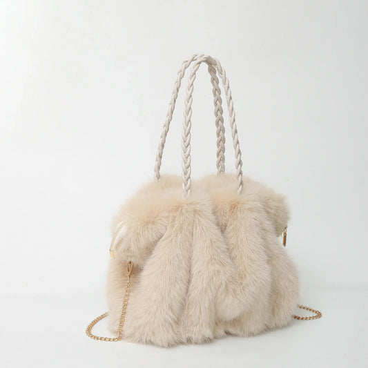 Fiora Damen Fluff Handtasche Geflochtener Henkel Kette Beige - Norvielle