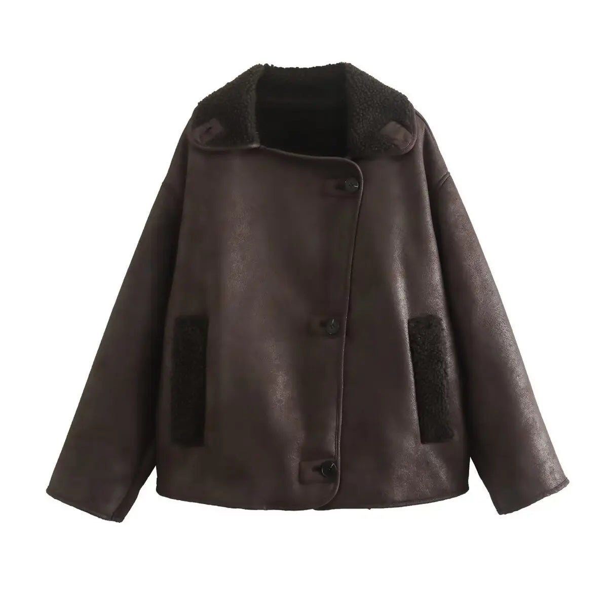 Damen Oversized Jacke Fleecefutter Großer Reverskragen