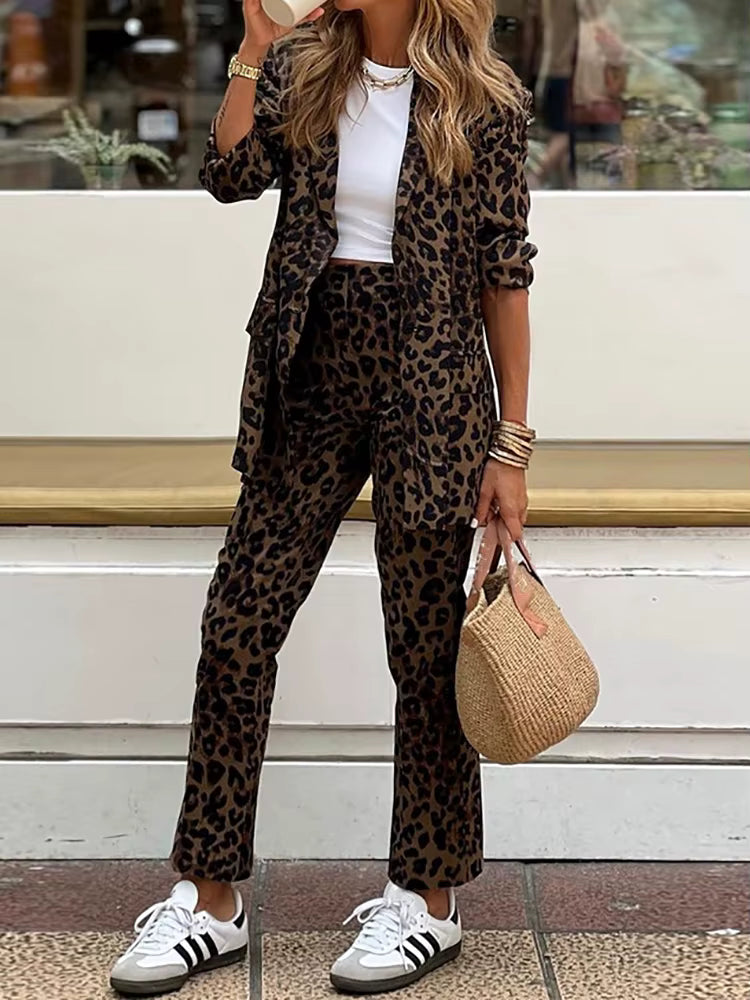 Damen Zweiteiler Leopard Blazer und Hose - Norvielle
