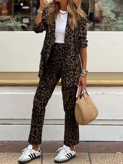 Damen Zweiteiler Leopard Blazer und Hose - Norvielle