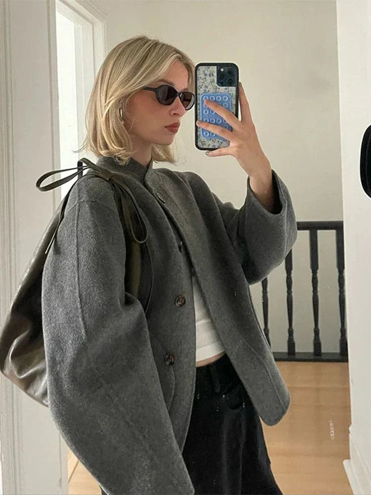 Damen Oversized Wolljacke Asymmetrisch Große Taschen
