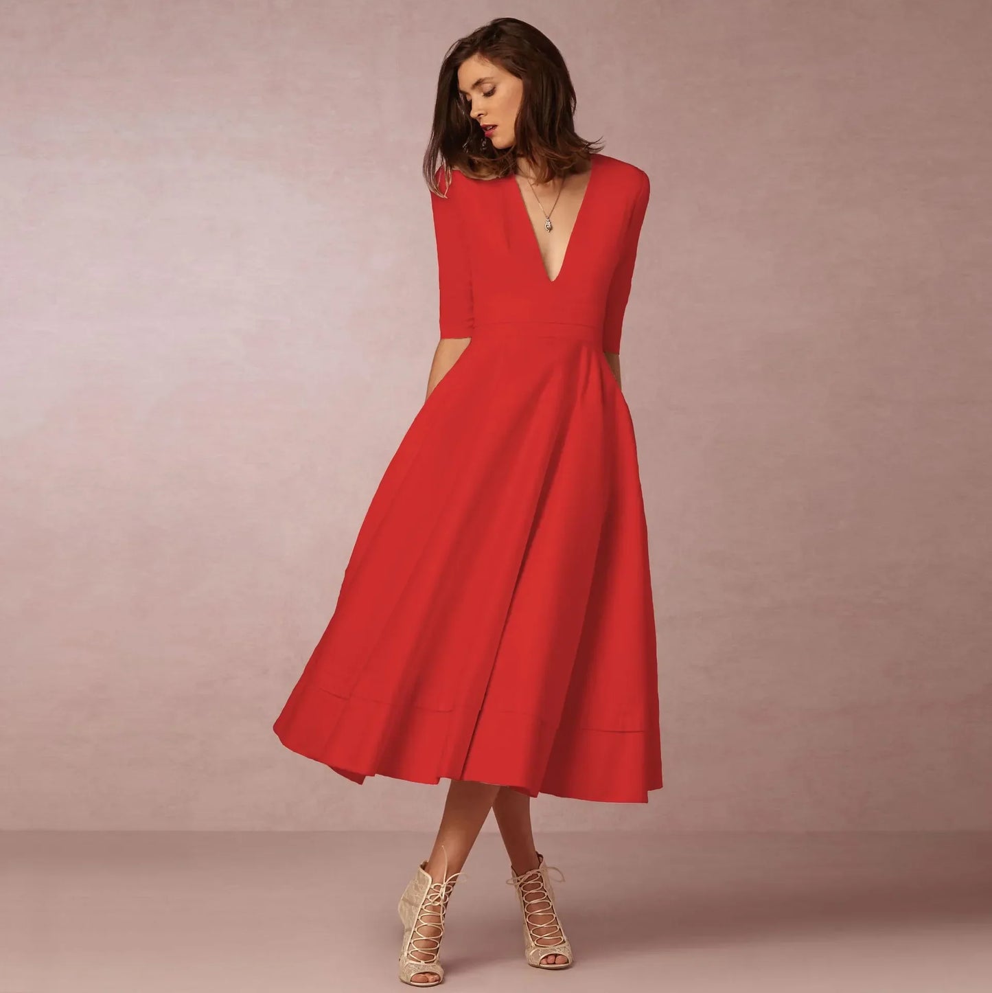 Damen Hochzeitsgastkleid V-Ausschnitt Midi