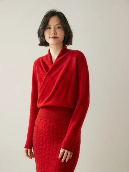Damen Wickelpullover Elegantes Überkreuz-Design