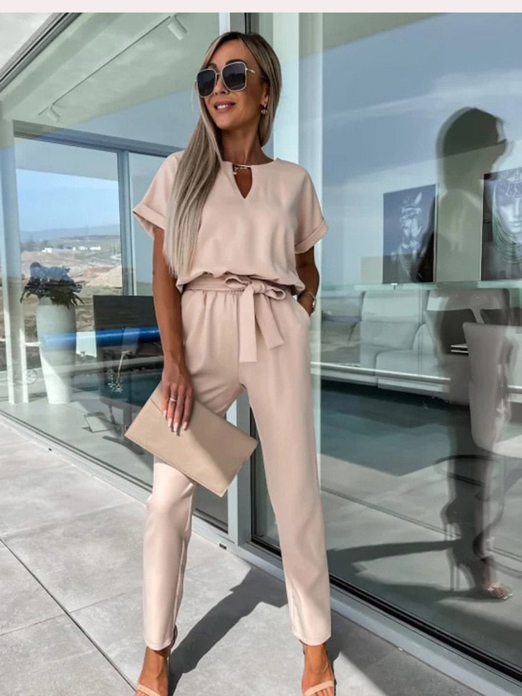 Norvielle Damen Jumpsuit Kurzärmelig Mit Gürtel Elegant