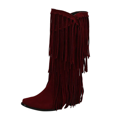 Damen Stiefel Fransen Blockabsatz