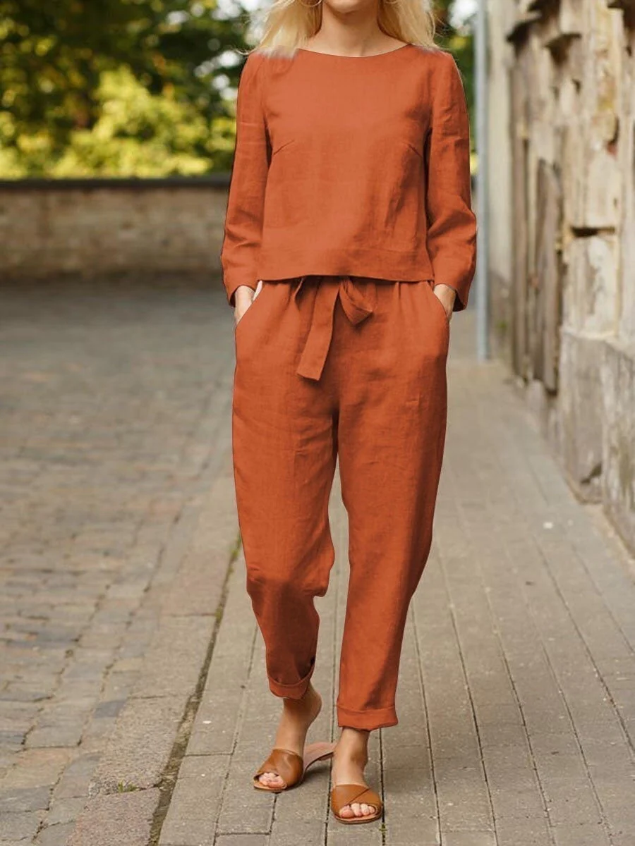 Damen Freizeit-Set Langärmliges Oberteil Gürtelhose - Norvielle