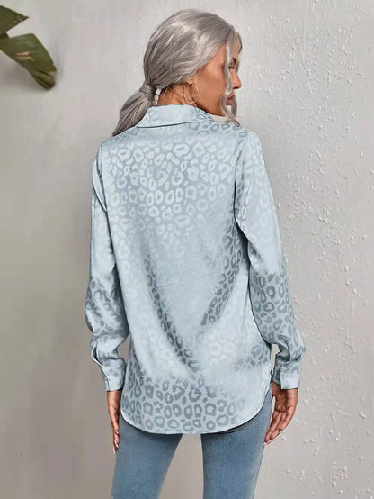 Damen Bluse Glanz-Effekt Langarm Knopfleiste